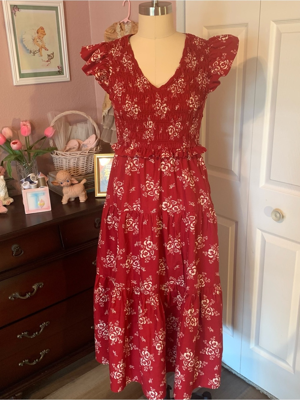 SEA NEW YORK Red Floral Maxi Dress with Smocked Bodice